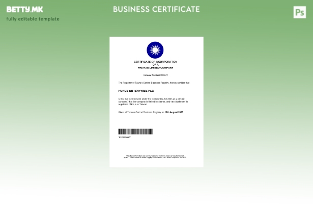 модерен стил Тајвански сертификат за регистрација на бизнис Шаблон за Word и PDF